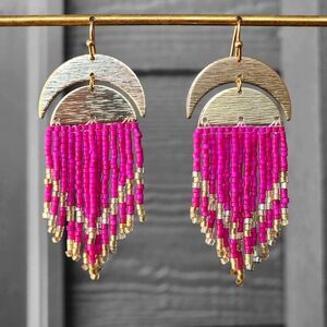 Moon Boho Brass Earrings Beaded Fringe Handmade Gold Plated Jewelry Boheme